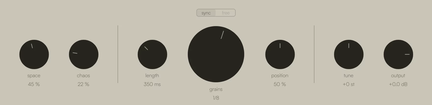 The knob row of Il Granello: space, chaos, length, grains, position, tune and output, with the sync and free switch above
