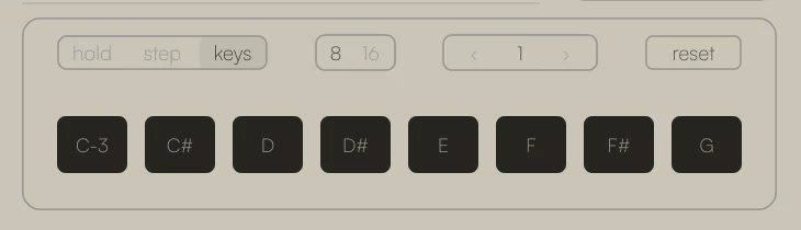 The mode row of Il Granello: hold, step and keys, the choice of 8 or 16 cells, the reset button, and the eight cells from C-3 to G
